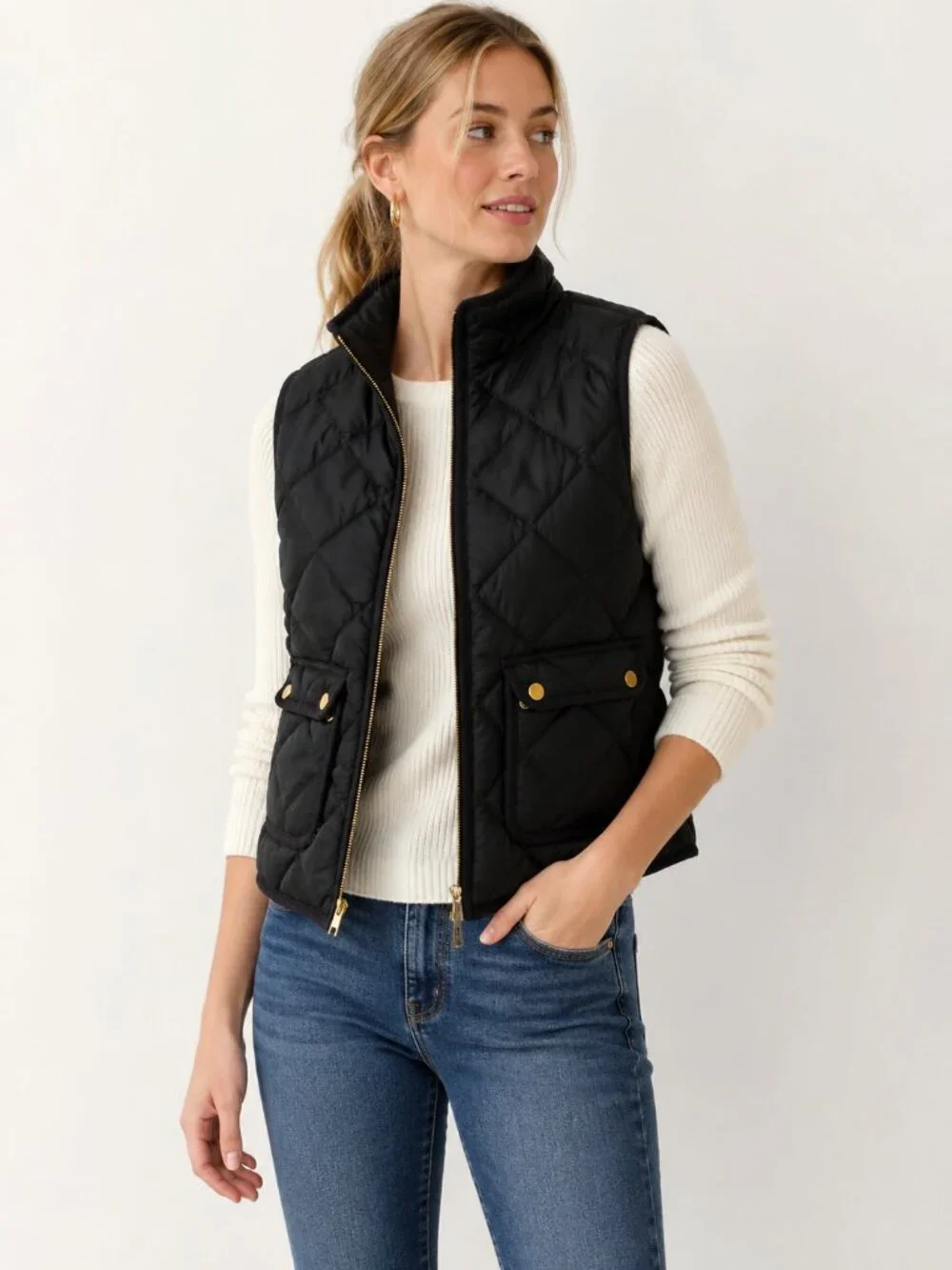 J.Crew Excursion Down Puffer Vest Small Black Quilted Gold Snap Lightweight